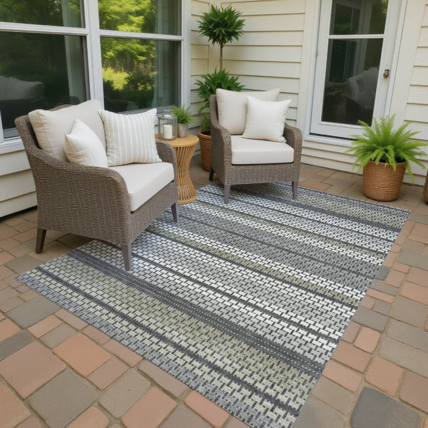 HomeRoots 9' X 12' Stylish Gray Silver Ivory Striped Washable Area Rug - Durable, Versatile for Indoor & Outdoor Use 691600