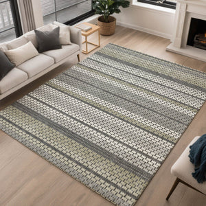 HomeRoots 9' X 12' Stylish Gray Silver Ivory Striped Washable Area Rug - Durable, Versatile for Indoor & Outdoor Use 691600