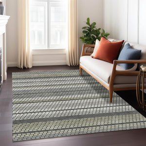 HomeRoots 9' X 12' Stylish Gray Silver Ivory Striped Washable Area Rug - Durable, Versatile for Indoor & Outdoor Use 691600