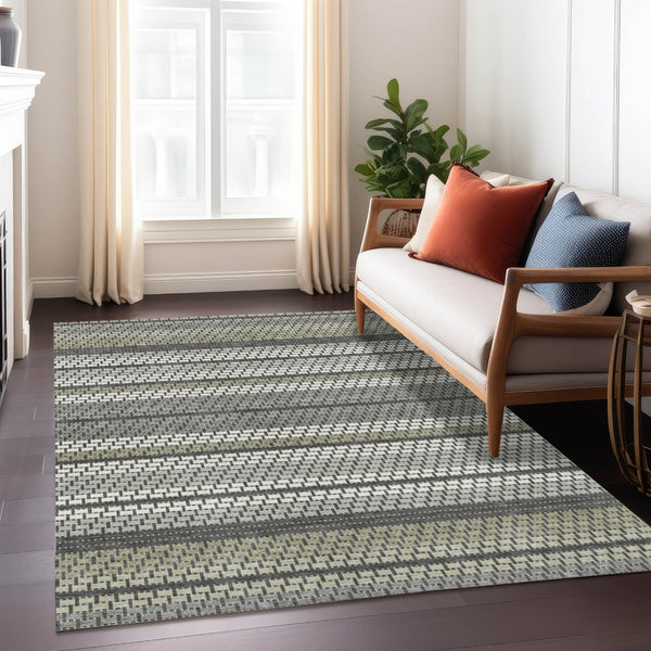 HomeRoots 9' X 12' Stylish Gray Silver Ivory Striped Washable Area Rug - Durable, Versatile for Indoor & Outdoor Use 691600