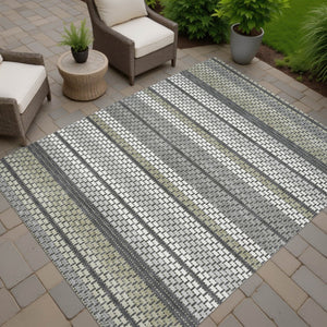 HomeRoots 9' X 12' Stylish Gray Silver Ivory Striped Washable Area Rug - Durable, Versatile for Indoor & Outdoor Use 691600