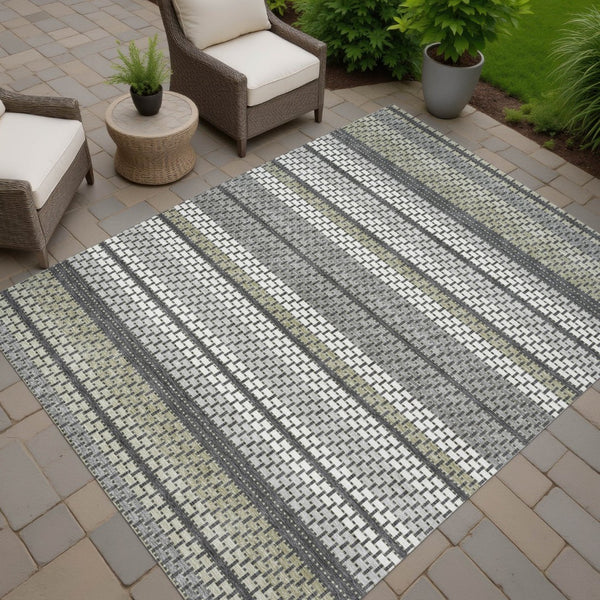 HomeRoots 9' X 12' Stylish Gray Silver Ivory Striped Washable Area Rug - Durable, Versatile for Indoor & Outdoor Use 691600