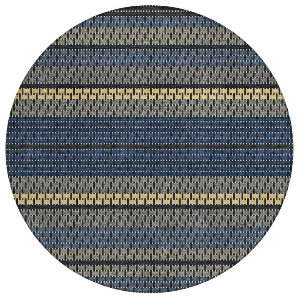 HomeRoots 8' Navy Blue Gold and Black Striped Round Area Rug - Durable, Washable, Ideal for Indoor & Outdoor Use 691604