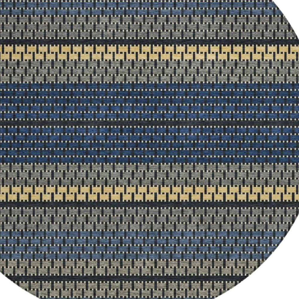 HomeRoots 8' Navy Blue Gold and Black Striped Round Area Rug - Durable, Washable, Ideal for Indoor & Outdoor Use 691604