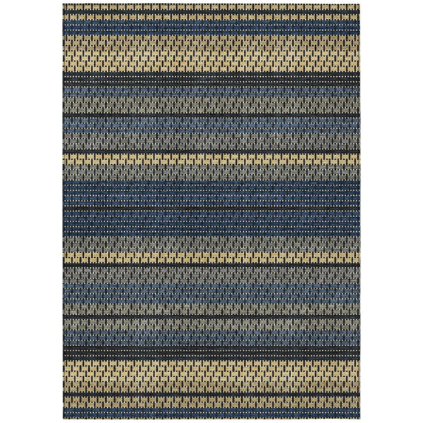HomeRoots 8' Navy Blue Area Rug with Gold & Black Stripes - Durable, Washable, Indoor/Outdoor Versatility 691605