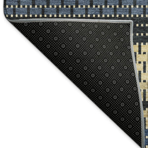 HomeRoots 8' Navy Blue Area Rug with Gold & Black Stripes - Durable, Washable, Indoor/Outdoor Versatility 691605