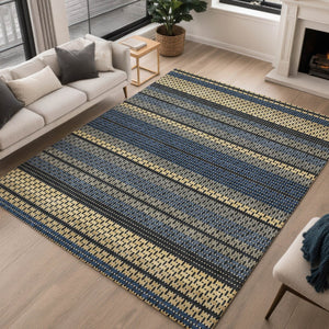 HomeRoots 8' Navy Blue Area Rug with Gold & Black Stripes - Durable, Washable, Indoor/Outdoor Versatility 691605