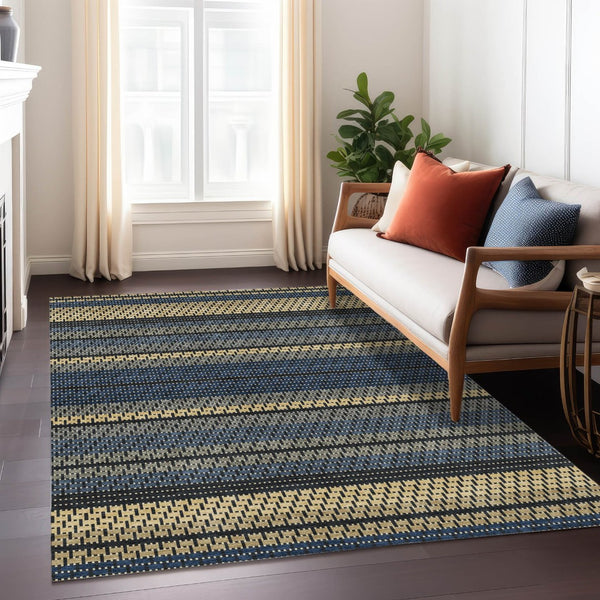 HomeRoots 8' Navy Blue Area Rug with Gold & Black Stripes - Durable, Washable, Indoor/Outdoor Versatility 691605