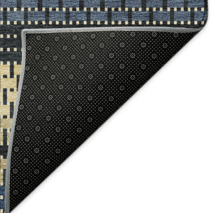 HomeRoots 9' X 12' Navy Blue Gold and Black Striped Washable Area Rug for Indoor and Outdoor Spaces 691606
