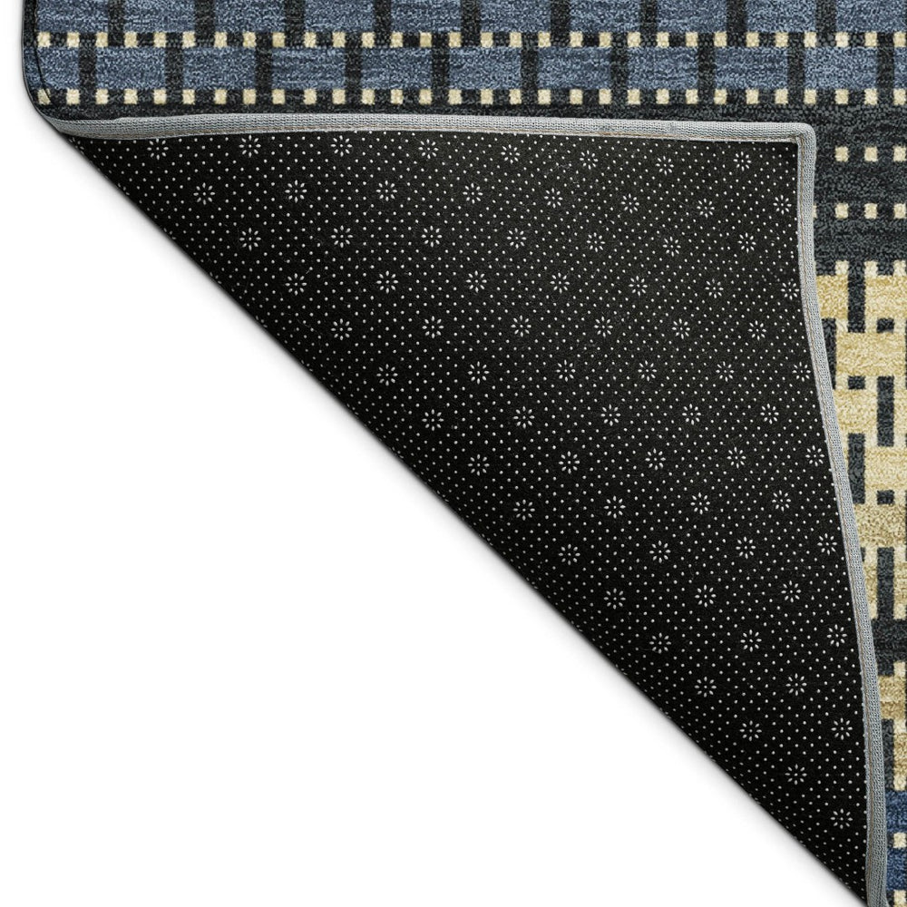 HomeRoots 9' X 12' Navy Blue Gold and Black Striped Washable Area Rug for Indoor and Outdoor Spaces 691606