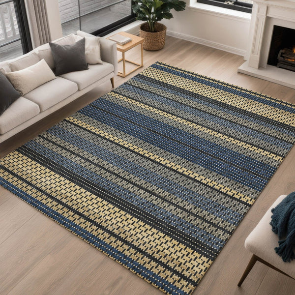 HomeRoots 9' X 12' Navy Blue Gold and Black Striped Washable Area Rug for Indoor and Outdoor Spaces 691606