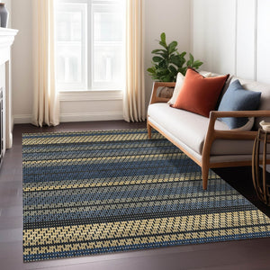 HomeRoots 9' X 12' Navy Blue Gold and Black Striped Washable Area Rug for Indoor and Outdoor Spaces 691606