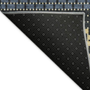 HomeRoots 10' Navy Blue, Gold & Black Striped Area Rug - Stylish, Washable & Durable for Indoor/Outdoor Use! 691607
