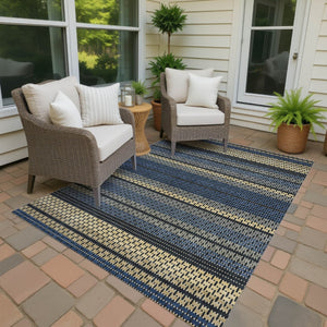 HomeRoots 10' Navy Blue, Gold & Black Striped Area Rug - Stylish, Washable & Durable for Indoor/Outdoor Use! 691607