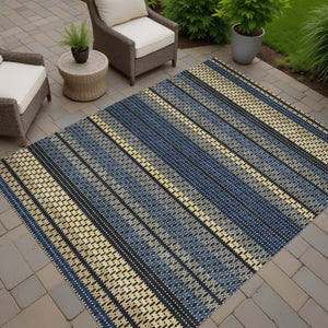 HomeRoots 10' Navy Blue, Gold & Black Striped Area Rug - Stylish, Washable & Durable for Indoor/Outdoor Use! 691607