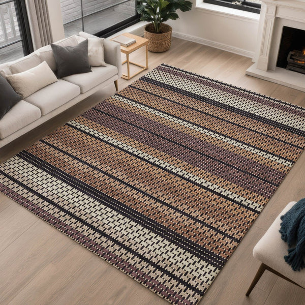 HomeRoots 9' X 12' Striped Washable Area Rug in Rust, Beige & Black - Durable Indoor/Outdoor Carpet for All Spaces 691612