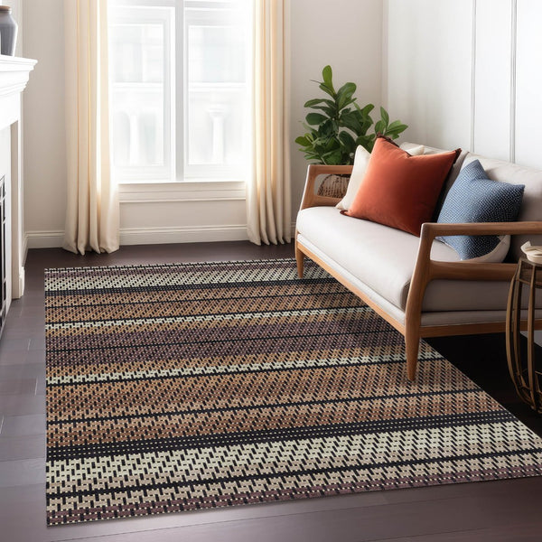 HomeRoots 9' X 12' Striped Washable Area Rug in Rust, Beige & Black - Durable Indoor/Outdoor Carpet for All Spaces 691612