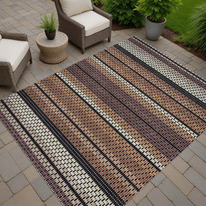 HomeRoots 9' X 12' Striped Washable Area Rug in Rust, Beige & Black - Durable Indoor/Outdoor Carpet for All Spaces 691612