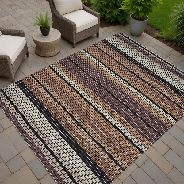 HomeRoots 9' X 12' Striped Washable Area Rug in Rust, Beige & Black - Durable Indoor/Outdoor Carpet for All Spaces 691612