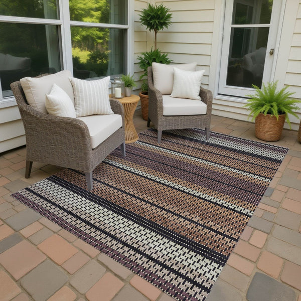 HomeRoots 10' X 14' Striped Washable Area Rug in Rust Beige & Black - Indoor/Outdoor Durability & Style! 691613