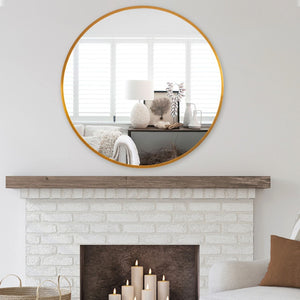 HomeRoots 31" Gold Metal Round Framed Accent Mirror - Elegant Design for Home & Office Décor, Brighten Any Space! 691618