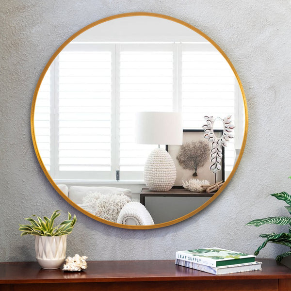 HomeRoots 31" Gold Metal Round Framed Accent Mirror - Elegant Design for Home & Office Décor, Brighten Any Space! 691618