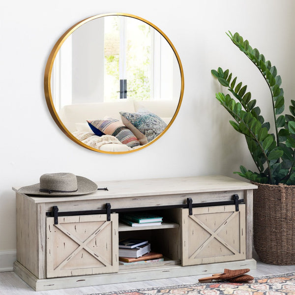 HomeRoots 31" Gold Metal Round Framed Accent Mirror - Elegant Design for Home & Office Décor, Brighten Any Space! 691618