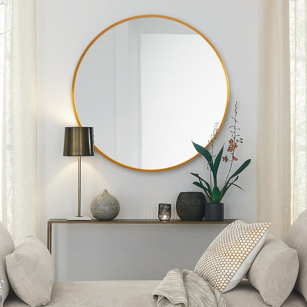 HomeRoots 31" Gold Metal Round Framed Accent Mirror - Elegant Design for Home & Office Décor, Brighten Any Space! 691618