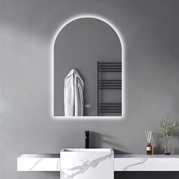 HomeRoots 38" White Arch Lighted Vanity Mirror - Modern Frameless Design with Adjustable LED & Defogger Features 691622