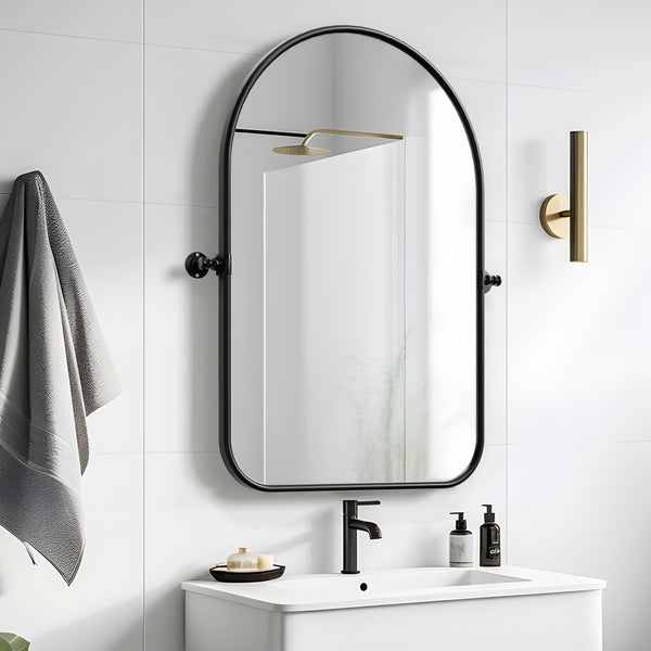 HomeRoots 32" Black Arch Metal Swivel Accent Mirror – Modern Design for Home, Office, and Hospitality Spaces 691627