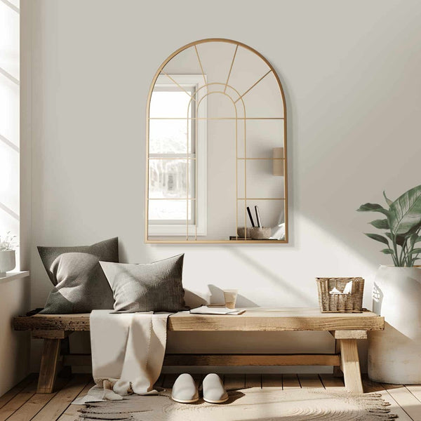HomeRoots 41" Black Metal Arched Accent Mirror - Elegant Windowpane Design for Home & Commercial Décor 691628