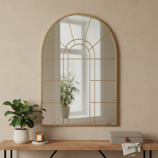 HomeRoots 41" Black Metal Arched Accent Mirror - Elegant Windowpane Design for Home & Commercial Décor 691628
