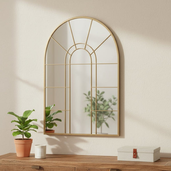 HomeRoots 41" Gold Arch Metal Window Pane Accent Mirror - Elegant Focal Point for Modern Decor & Bright Spaces 691629