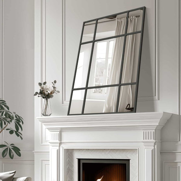 HomeRoots 39" Black Iron Geometric Window Pane Accent Mirror – Modern Industrial Design for Any Space 691630