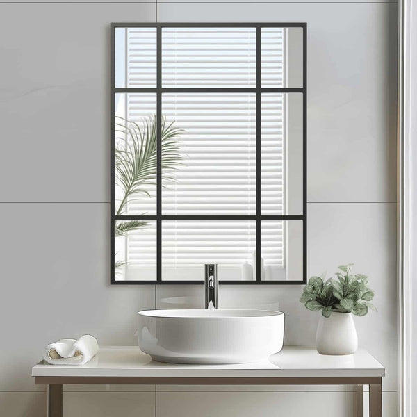 HomeRoots 39" Black Iron Geometric Window Pane Accent Mirror – Modern Industrial Design for Any Space 691630