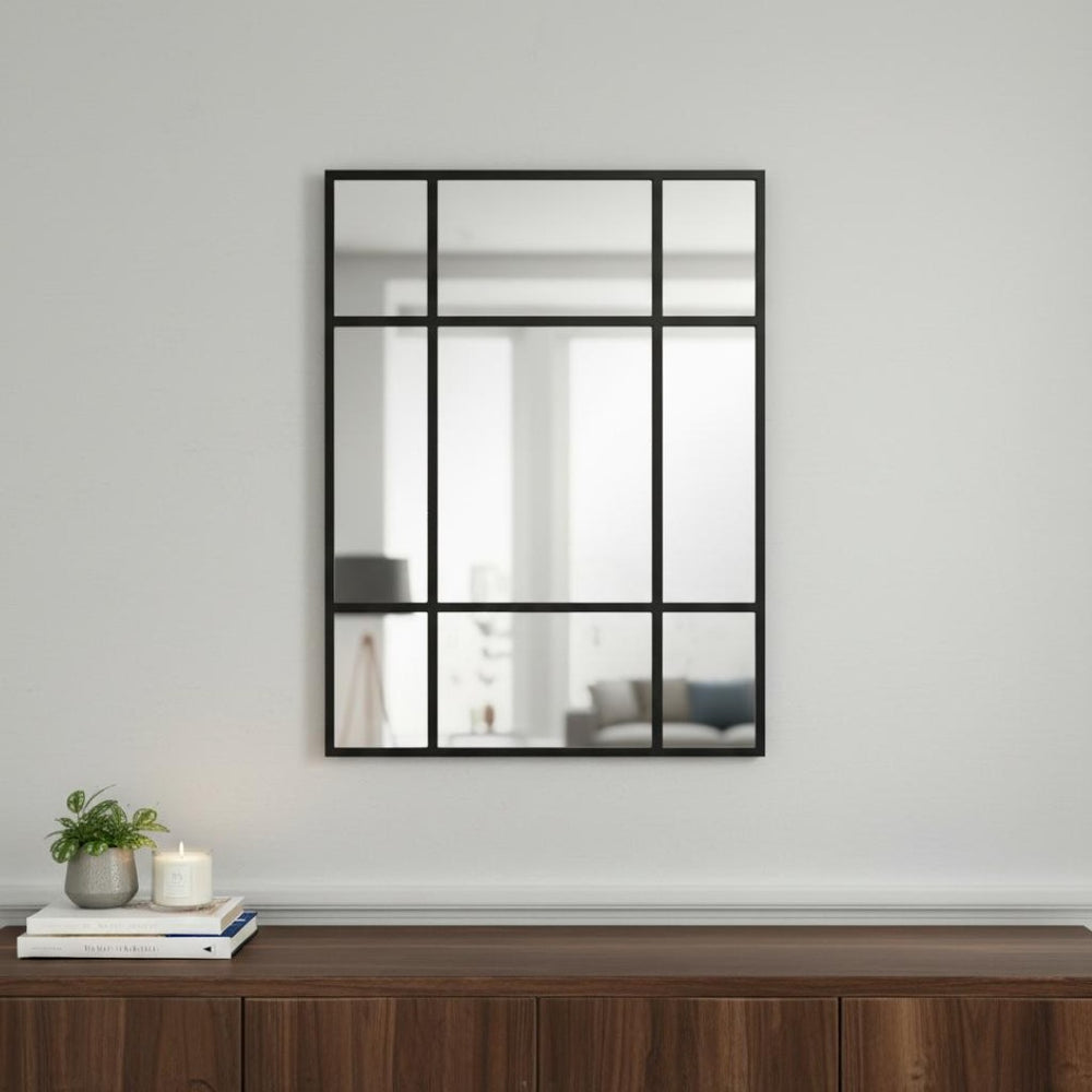 HomeRoots 39" Black Iron Geometric Window Pane Accent Mirror – Modern Industrial Design for Any Space 691630