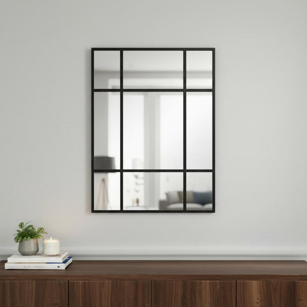 HomeRoots 39" Black Iron Geometric Window Pane Accent Mirror – Modern Industrial Design for Any Space 691630