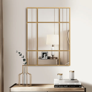 HomeRoots 39" Gold Iron Geometric Accent Mirror - Modern Window Pane Design for Stylish Home Decor & Safety 691631