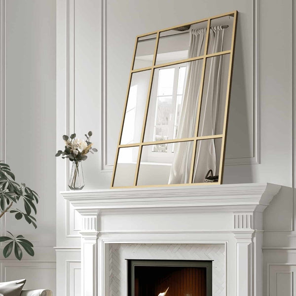 HomeRoots 39" Gold Iron Geometric Accent Mirror - Modern Window Pane Design for Stylish Home Decor & Safety 691631