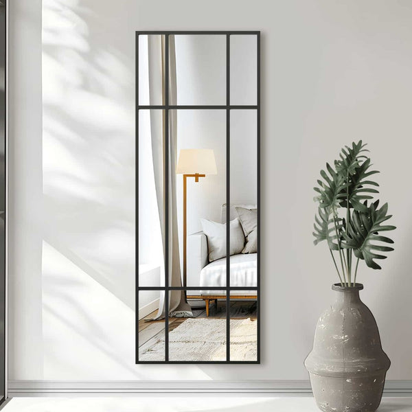 HomeRoots 63" Black Iron Geometric Window Pane Full-Length Mirror – Stylish & Versatile for Any Space 691632