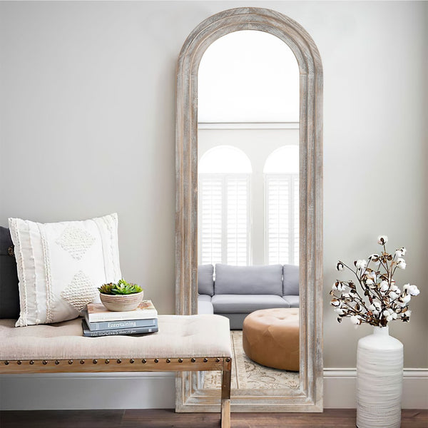 HomeRoots 64" Elegant Arched Full-Length Mirror in White Solid Wood Frame - Perfect for Any Decor Style! 691636