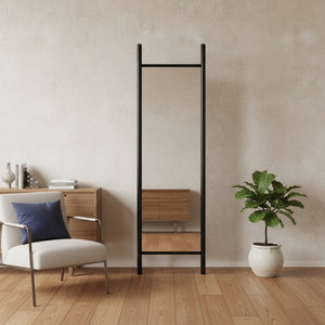 HomeRoots 64" Black Wood Ladder-Style Leaning Mirror - Stylish Full-Length Accent for Modern Interiors & Spaces 691641