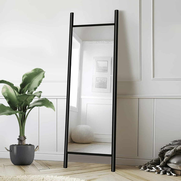 HomeRoots 64" Black Wood Ladder-Style Leaning Mirror - Stylish Full-Length Accent for Modern Interiors & Spaces 691641
