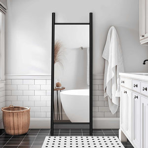 HomeRoots 64" Black Wood Ladder-Style Leaning Mirror - Stylish Full-Length Accent for Modern Interiors & Spaces 691641