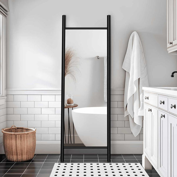 HomeRoots 64" Black Wood Ladder-Style Leaning Mirror - Stylish Full-Length Accent for Modern Interiors & Spaces 691641