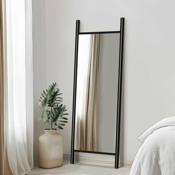 HomeRoots 64" Black Wood Ladder-Style Leaning Mirror - Stylish Full-Length Accent for Modern Interiors & Spaces 691641