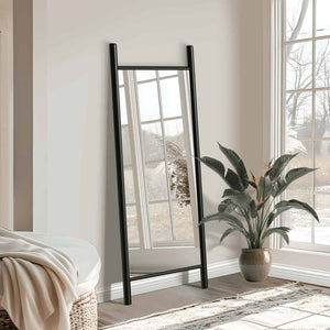 HomeRoots 64" Black Wood Ladder-Style Leaning Mirror - Stylish Full-Length Accent for Modern Interiors & Spaces 691641