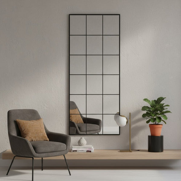 HomeRoots 69" Black Metal Windowpane Mirror – Modern Full-Length Reflector for Stylish Entryways & Spaces 691642