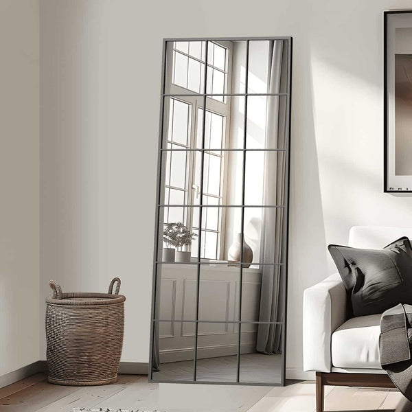 HomeRoots 69" Black Metal Windowpane Mirror – Modern Full-Length Reflector for Stylish Entryways & Spaces 691642