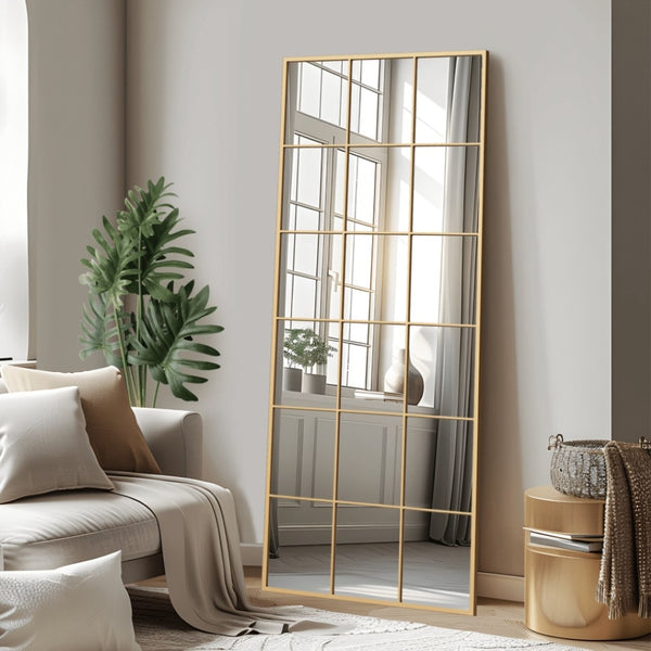HomeRoots 69" Gold Iron Geometric Freestanding Mirror - Stylish Accent for Home & Office Décor, Versatile Design 691643